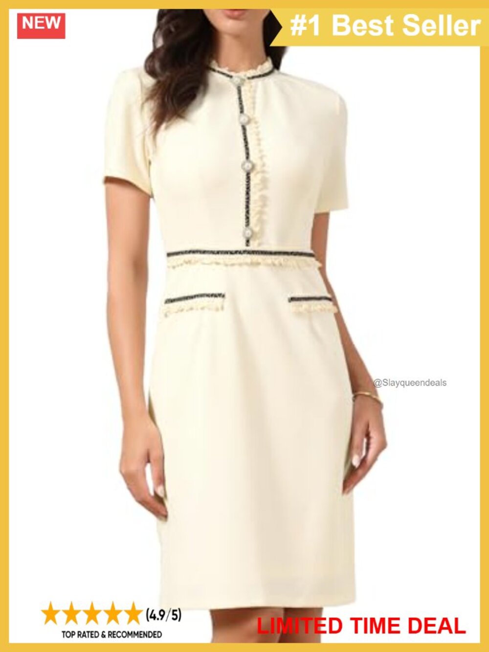 Elegant Short Sleeve Pearl Decor Sheath Work Dress Business Office